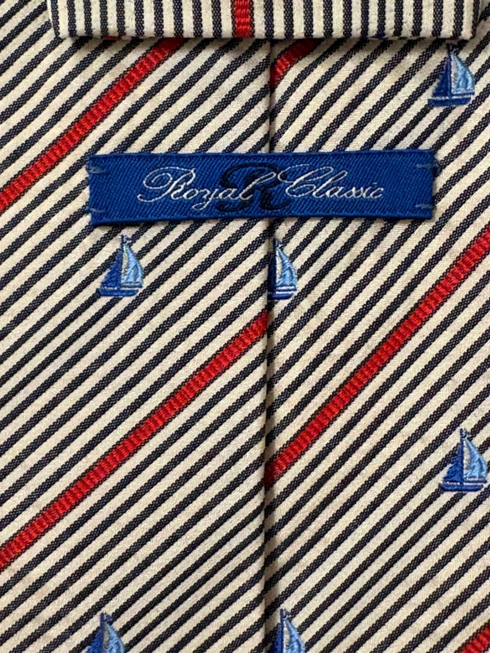 Tom James Royal Classic Silk Tie Vintage Nautical Sailboat Red Striped 3.5"